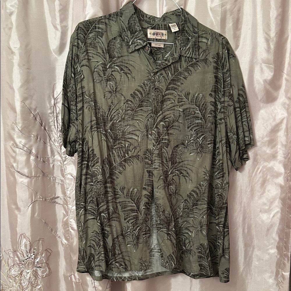 Tropical Palm Print Button-Down Shirt - Black